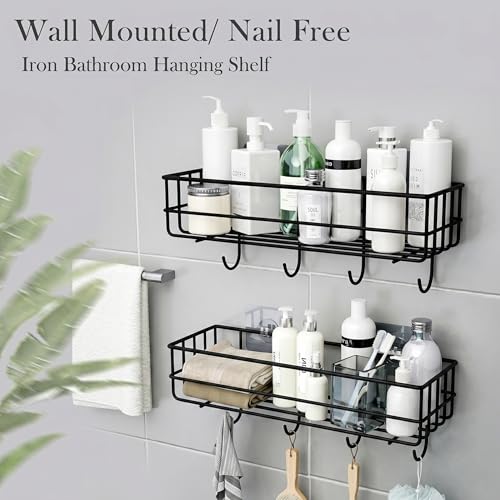 Shynora 2-Pack Self Adhesive Bathroom Kitchen Storage Shelf Rack Wall Mounted Bathroom Accessories with 4-Towel Holder Hooks with Black Matt Finish Stainless Steel (Black), Floating Shelves - Image 2