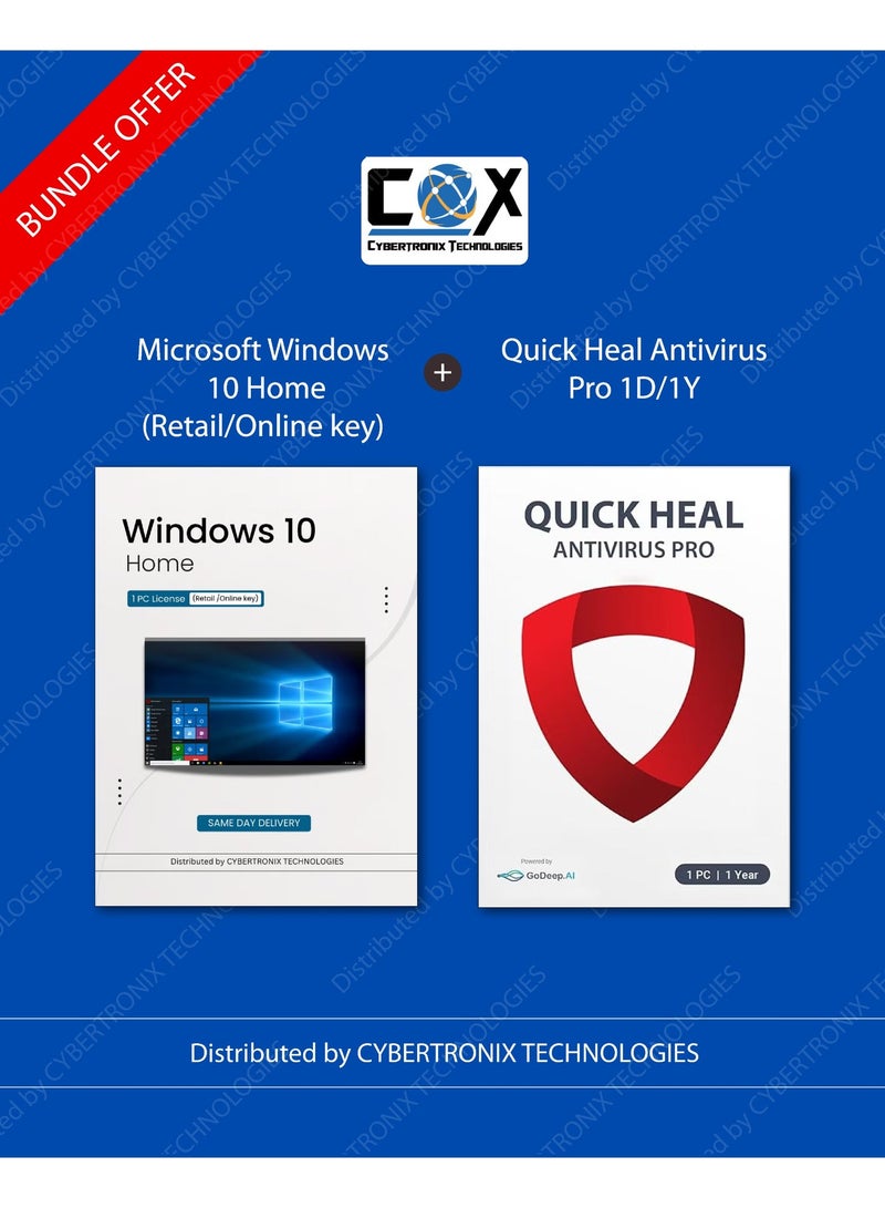Quick Heal Microsoft Windows 10 Home | 1 PC License (Retail / Online Key) + Quick Heal Antivirus Pro for 1 Device 1 Year (Windows) | Digital Subscription | SAME DAY DELIVERY - Image 1