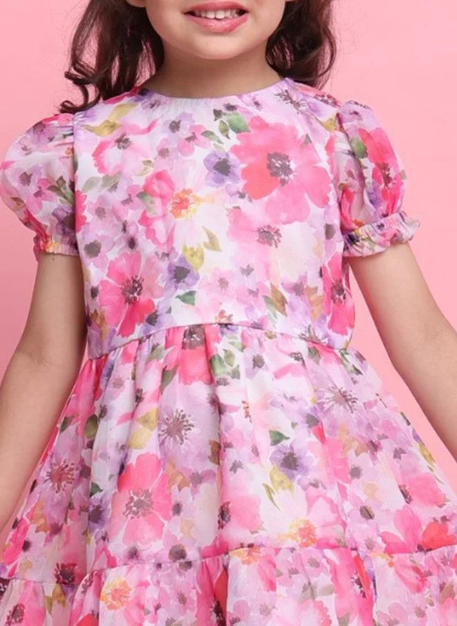 Saka Designs Floral Printed Georgette Fit & Flare Dress for Girls