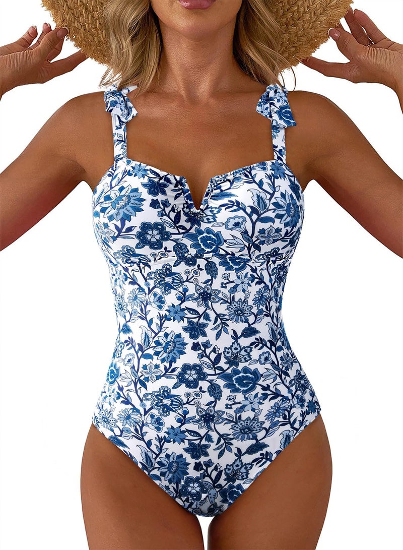 Aleumdr Women Tummy Control Swimsuit Retro One Piece Bathing Suit V Neck Boho Tie Shoulder Print Floral Swimwear Padded Push Up Swim Suit Blue X-Large - Image 1