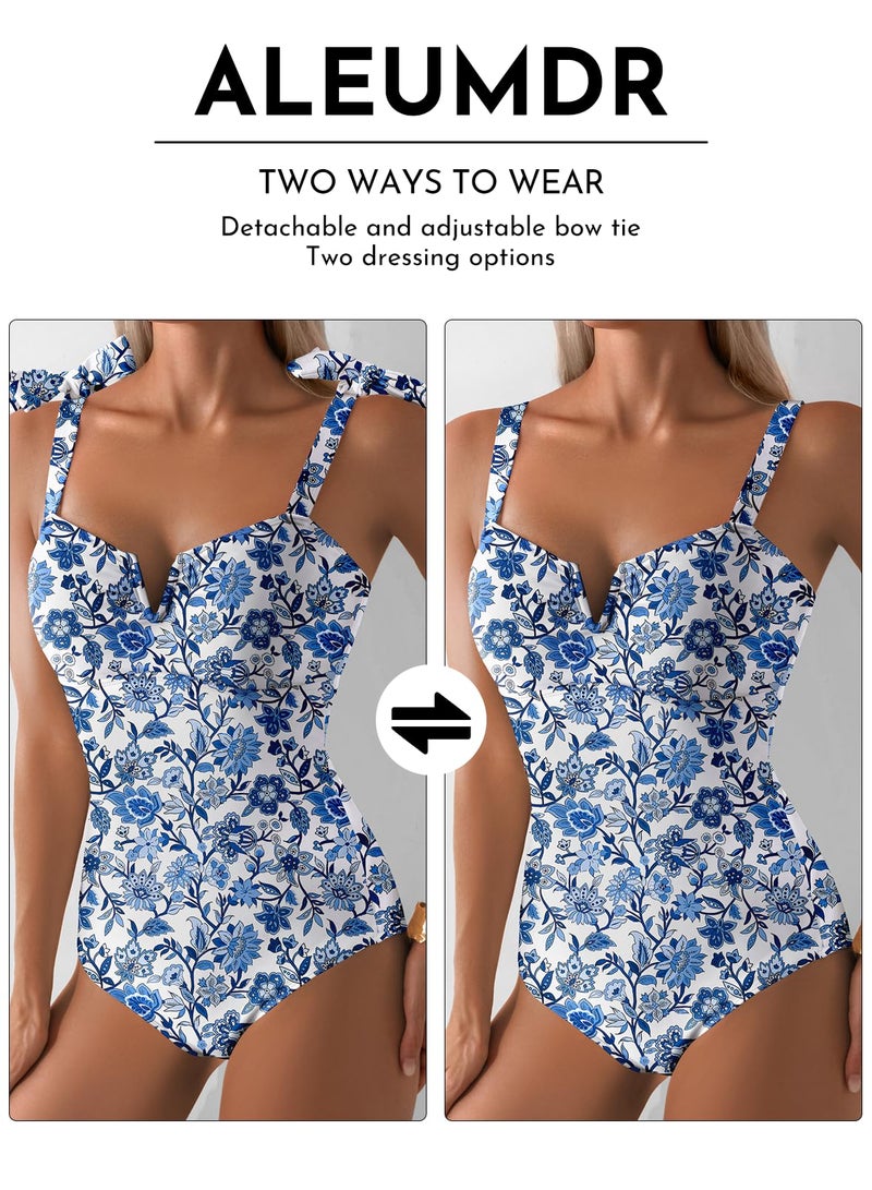 Aleumdr Women Tummy Control Swimsuit Retro One Piece Bathing Suit V Neck Boho Tie Shoulder Print Floral Swimwear Padded Push Up Swim Suit Blue X-Large - Image 4