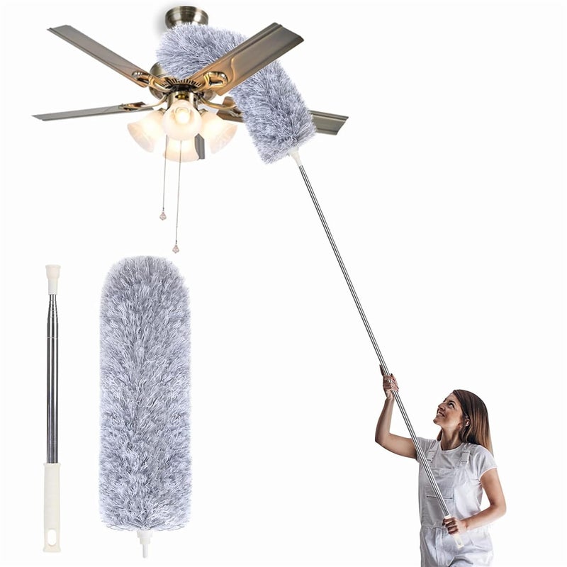 Wrishay Microfiber Feather Duster Bendable Extendable Fan Cleaning Duster with 100 inches Expandable Pole Handle for High Ceiling Fans Windows mops Fan Cleaning 100 Inch Mop