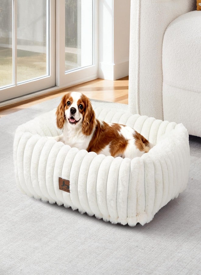 Warmrest Washable Dog Bed for Small Medium Dogs - Rectangle Orthopedic Corduroy Fleece Pet Bed with Removable Cover and Nonskid Bottom, Calming Puppy Bed Soft Pet Sofa, Cream(25x21x7inchs) - Image 1
