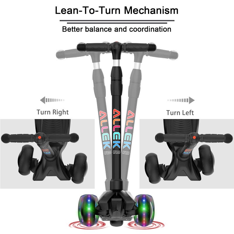 Allek Kick Scooter B03, Lean 'N Glide 3-Wheeled Push Scooter with Extra Wide PU Light-Up Wheels, Any Height Adjustable Handlebar and Strong Thick Deck for Children from 3-12yrs (Black) - Image 5