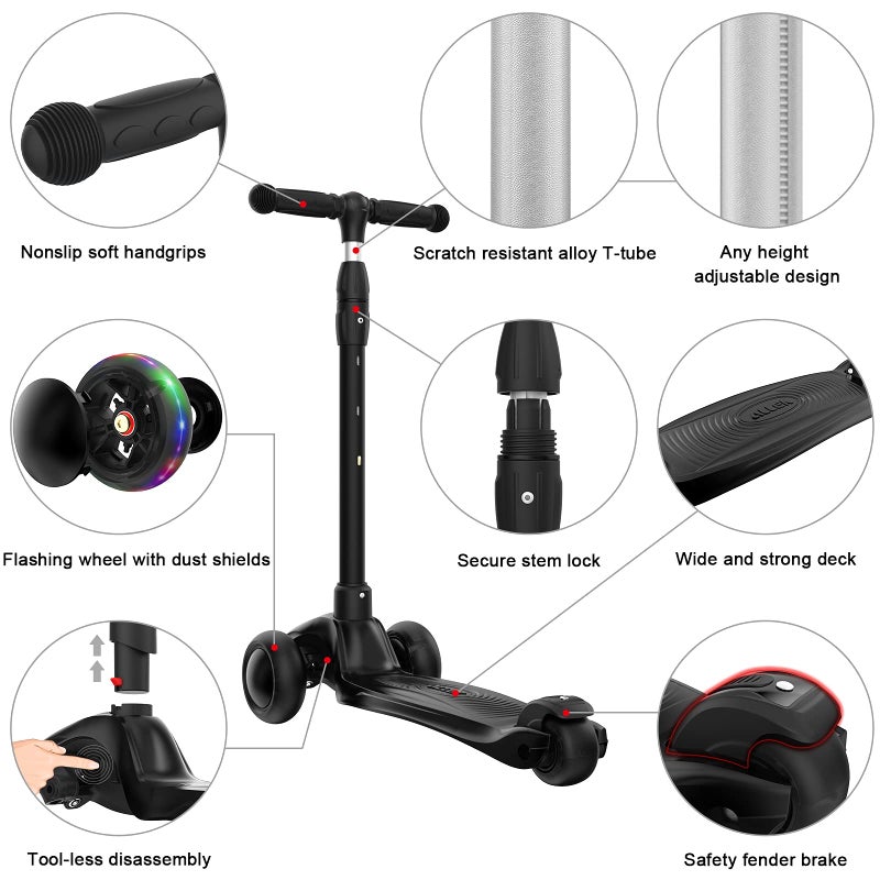 Allek Kick Scooter B03, Lean 'N Glide 3-Wheeled Push Scooter with Extra Wide PU Light-Up Wheels, Any Height Adjustable Handlebar and Strong Thick Deck for Children from 3-12yrs (Black) - Image 2