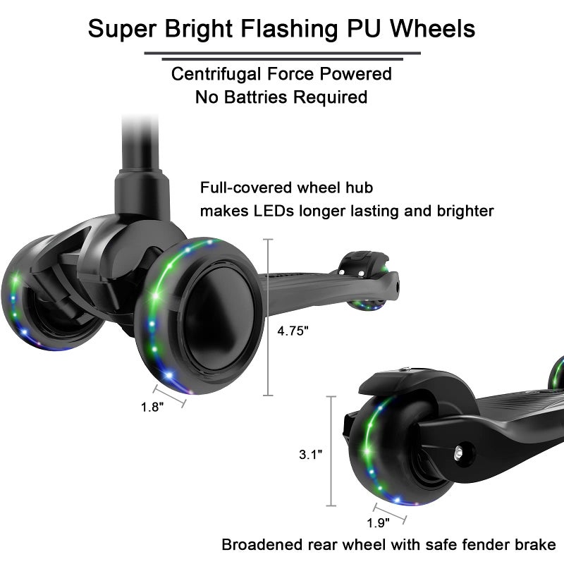 Allek Kick Scooter B03, Lean 'N Glide 3-Wheeled Push Scooter with Extra Wide PU Light-Up Wheels, Any Height Adjustable Handlebar and Strong Thick Deck for Children from 3-12yrs (Black) - Image 4