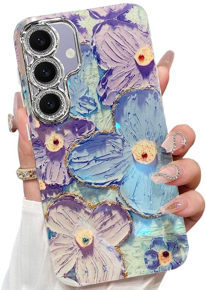Elzzi Compatible with Samsung S24 5G Case Laser Flower Oil Painting Cute Colorful Blue Ray Bumper with Full Camera Protection Shockproof PC+TPU Glossy Shiny Cover for Girls Women, Green - Image 1