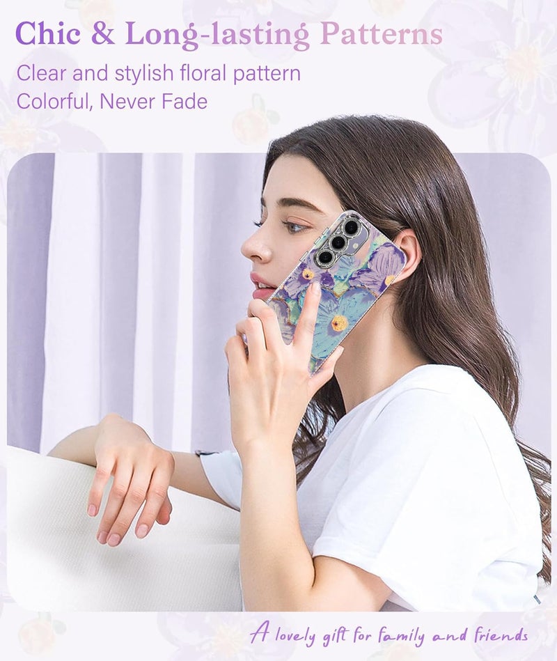 Elzzi Compatible with Samsung S24 5G Case Laser Flower Oil Painting Cute Colorful Blue Ray Bumper with Full Camera Protection Shockproof PC+TPU Glossy Shiny Cover for Girls Women, Green - Image 4