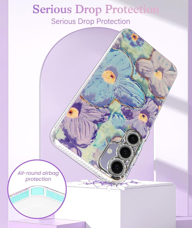 Elzzi Compatible with Samsung S24 5G Case Laser Flower Oil Painting Cute Colorful Blue Ray Bumper with Full Camera Protection Shockproof PC+TPU Glossy Shiny Cover for Girls Women, Green - Image 3