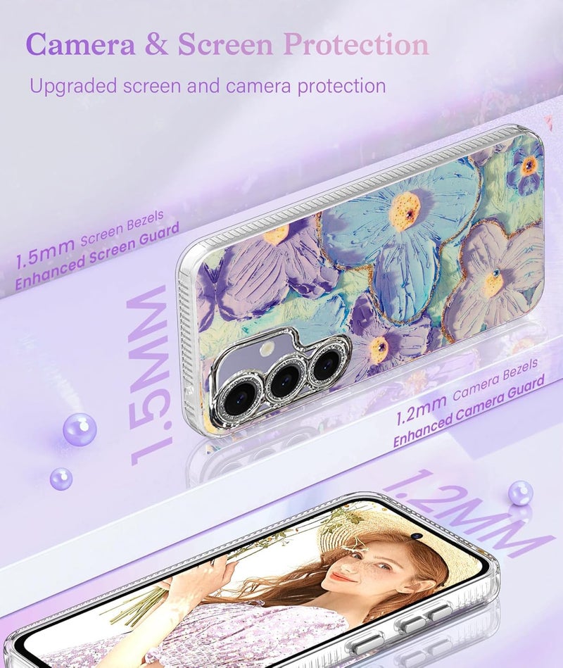 Elzzi Compatible with Samsung S24 5G Case Laser Flower Oil Painting Cute Colorful Blue Ray Bumper with Full Camera Protection Shockproof PC+TPU Glossy Shiny Cover for Girls Women, Green - Image 2