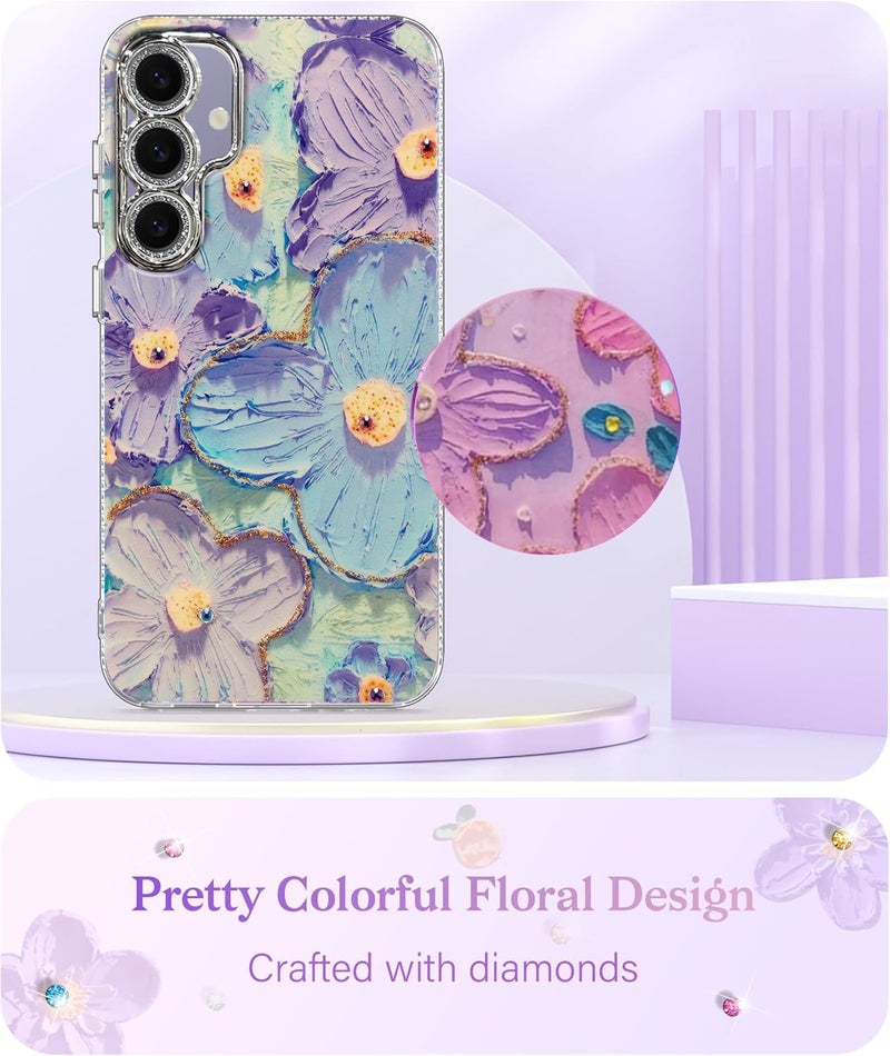 Elzzi Compatible with Samsung S24 5G Case Laser Flower Oil Painting Cute Colorful Blue Ray Bumper with Full Camera Protection Shockproof PC+TPU Glossy Shiny Cover for Girls Women, Green - Image 5