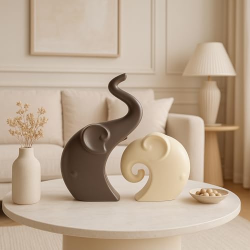 LADROX Lavish Matte Home Décor Elephant Set | Ceramic Figurines - (Set of 2 Piece, Brown Cream) - Image 2