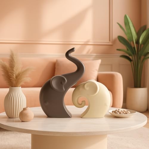 LADROX Lavish Matte Home Décor Elephant Set | Ceramic Figurines - (Set of 2 Piece, Brown Cream) - Image 1
