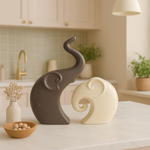 LADROX Lavish Matte Home Décor Elephant Set | Ceramic Figurines - (Set of 2 Piece, Brown Cream) - Image 5
