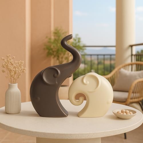 LADROX Lavish Matte Home Décor Elephant Set | Ceramic Figurines - (Set of 2 Piece, Brown Cream) - Image 3