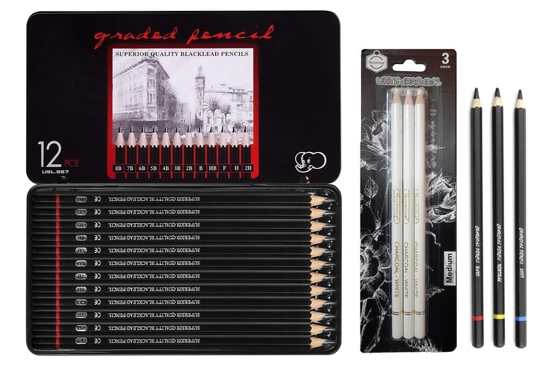 ChiggiWiggi ChiggiWiggi 12 Pcs Artist Graphite Drawing Pencil Set With Metal Case, 3 Pcs White Medium Charcoal Pencil and 3 Pcs Black Charcoal Pencils Set- Soft Medium & Hard Ideal for Drawing & Sketching  - Image 1