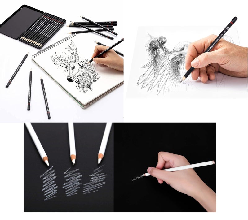 ChiggiWiggi ChiggiWiggi 12 Pcs Artist Graphite Drawing Pencil Set With Metal Case, 3 Pcs White Medium Charcoal Pencil and 3 Pcs Black Charcoal Pencils Set- Soft Medium & Hard Ideal for Drawing & Sketching  - Image 3