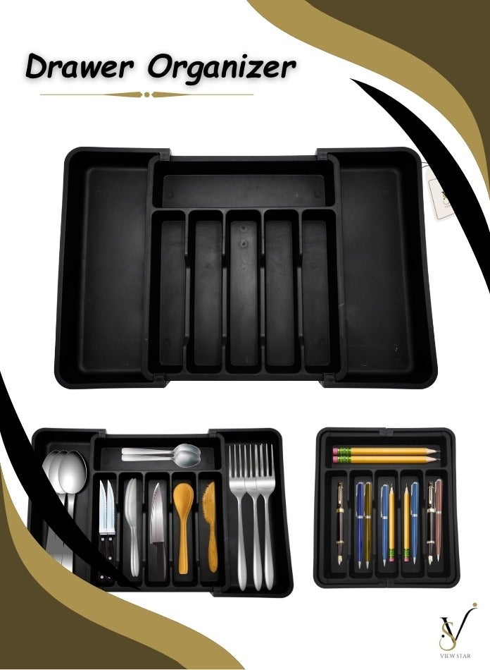 فيوستار منظم أدراج فيوستار القابل للتمدد - صينية أدوات مطبخ كبيرة سوداء قابلة للتعديل، حامل أدوات مائدة ومائدة خالٍ من مادة BPA، مساحة تخزين بلاستيكية قابلة للتعديل للملاعق والشوك والسكاكين - متعدد الأغراض - Image 1