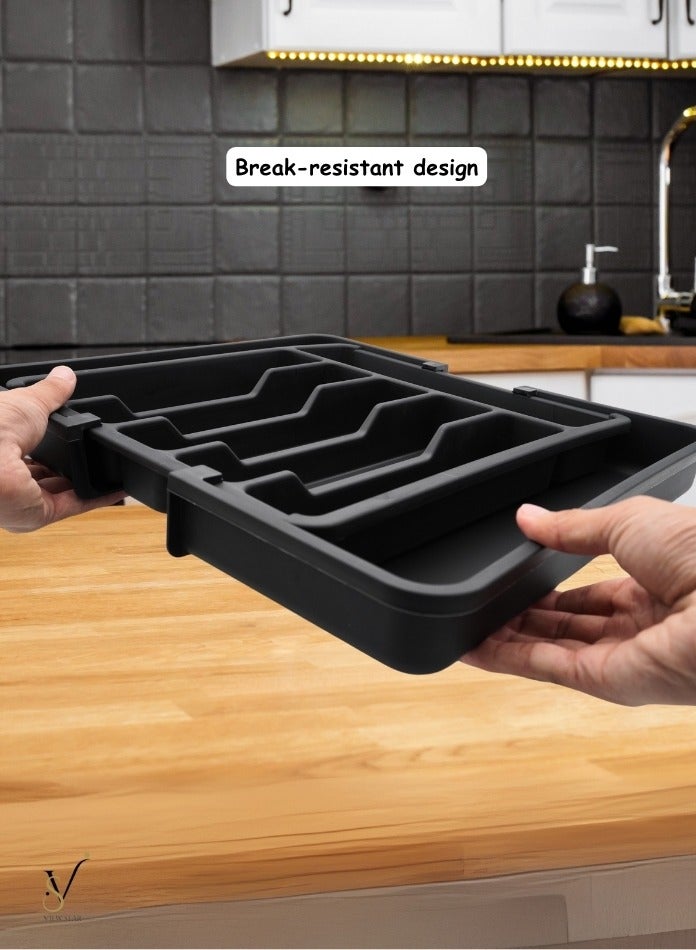 فيوستار منظم أدراج فيوستار القابل للتمدد - صينية أدوات مطبخ كبيرة سوداء قابلة للتعديل، حامل أدوات مائدة ومائدة خالٍ من مادة BPA، مساحة تخزين بلاستيكية قابلة للتعديل للملاعق والشوك والسكاكين - متعدد الأغراض - Image 2