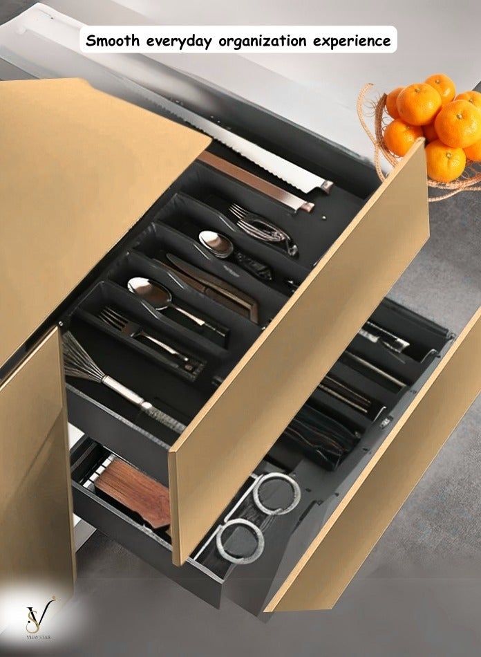فيوستار منظم أدراج فيوستار القابل للتمدد - صينية أدوات مطبخ كبيرة سوداء قابلة للتعديل، حامل أدوات مائدة ومائدة خالٍ من مادة BPA، مساحة تخزين بلاستيكية قابلة للتعديل للملاعق والشوك والسكاكين - متعدد الأغراض - Image 3