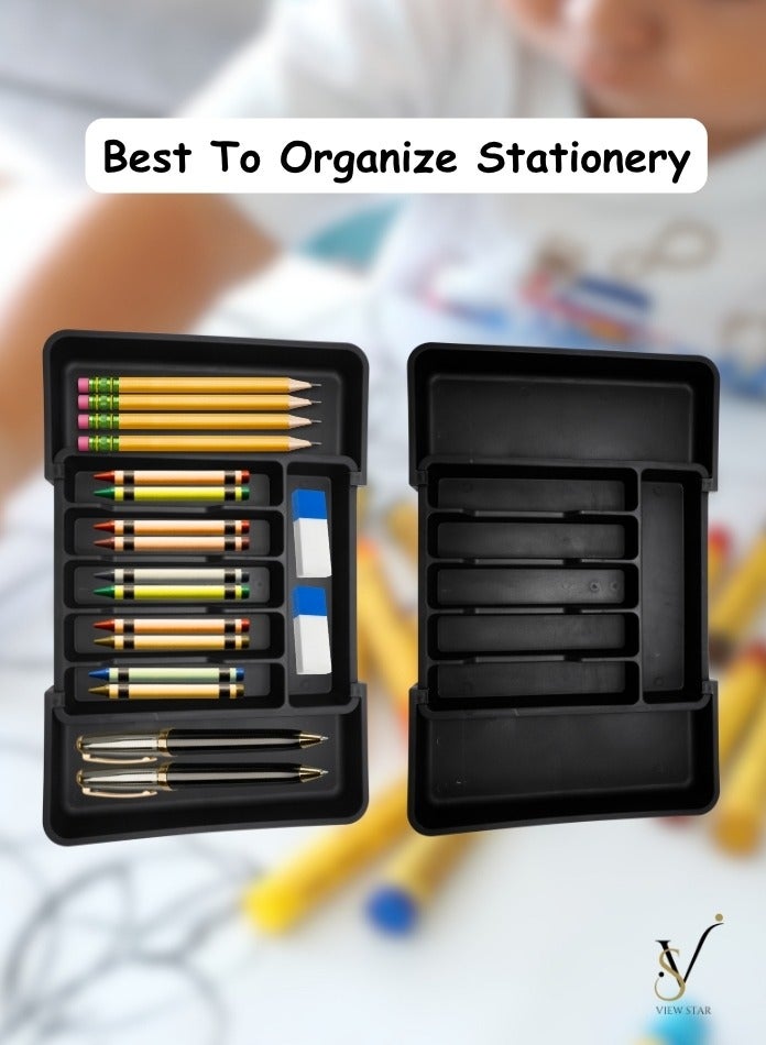 فيوستار منظم أدراج فيوستار القابل للتمدد - صينية أدوات مطبخ كبيرة سوداء قابلة للتعديل، حامل أدوات مائدة ومائدة خالٍ من مادة BPA، مساحة تخزين بلاستيكية قابلة للتعديل للملاعق والشوك والسكاكين - متعدد الأغراض - Image 4