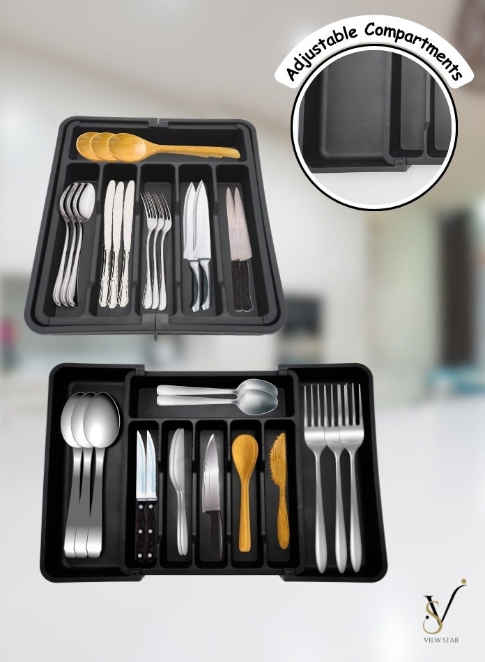 فيوستار منظم أدراج فيوستار القابل للتمدد - صينية أدوات مطبخ كبيرة سوداء قابلة للتعديل، حامل أدوات مائدة ومائدة خالٍ من مادة BPA، مساحة تخزين بلاستيكية قابلة للتعديل للملاعق والشوك والسكاكين - متعدد الأغراض - Image 5