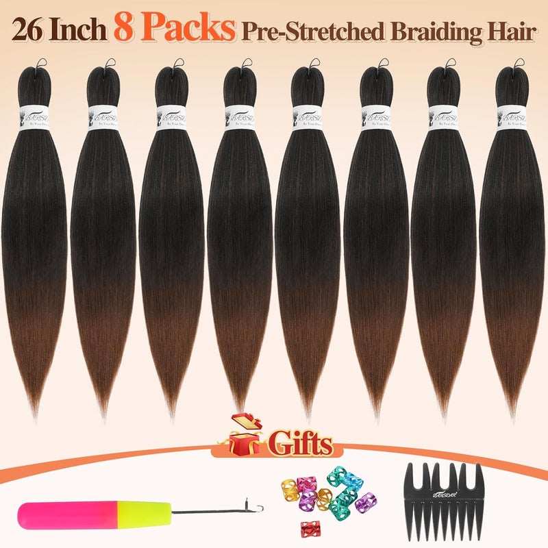 BARSDAR Pre-Stretched Braids Extensions, 66 cm, 8 Packs, Ombre Auburn Long Braiding Hair Extensions, Yaki Hot Water Setting Synthetic Crochet Easy Braids Extensions - T1B/30# - Image 2