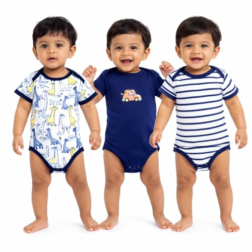 VParents Bodice Half Sleeve Baby Romper Bodysuit Jumpsuit Set of 3 for Boys & Girls, Soft & Comfortable Clothes for Newborns and Infants, Baby Outfit for 0–12 Months - Image 1