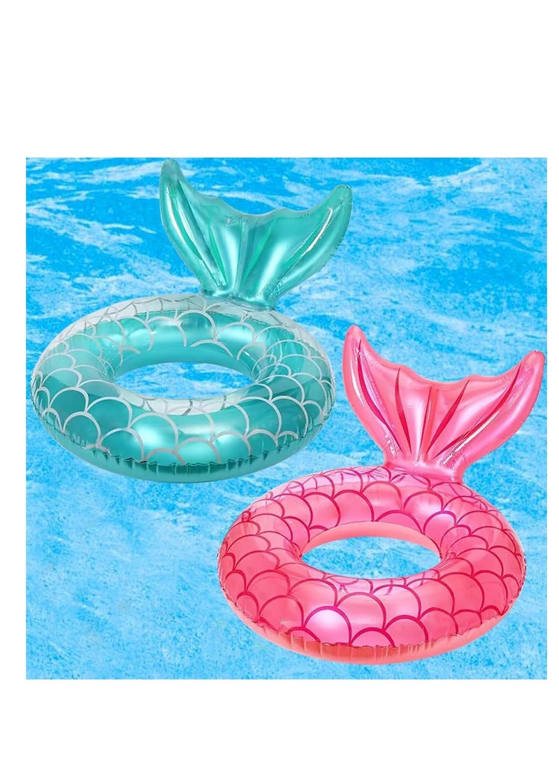 Y&D 2 Pcs Mermaid Pool Float Inflatable Swimming Ring Mermaid Tail Shaped Pool Swimming Float Float Tube Ring Children Swim Rings for Kids Infants Beach Water Activities, Green, Pink - Image 1