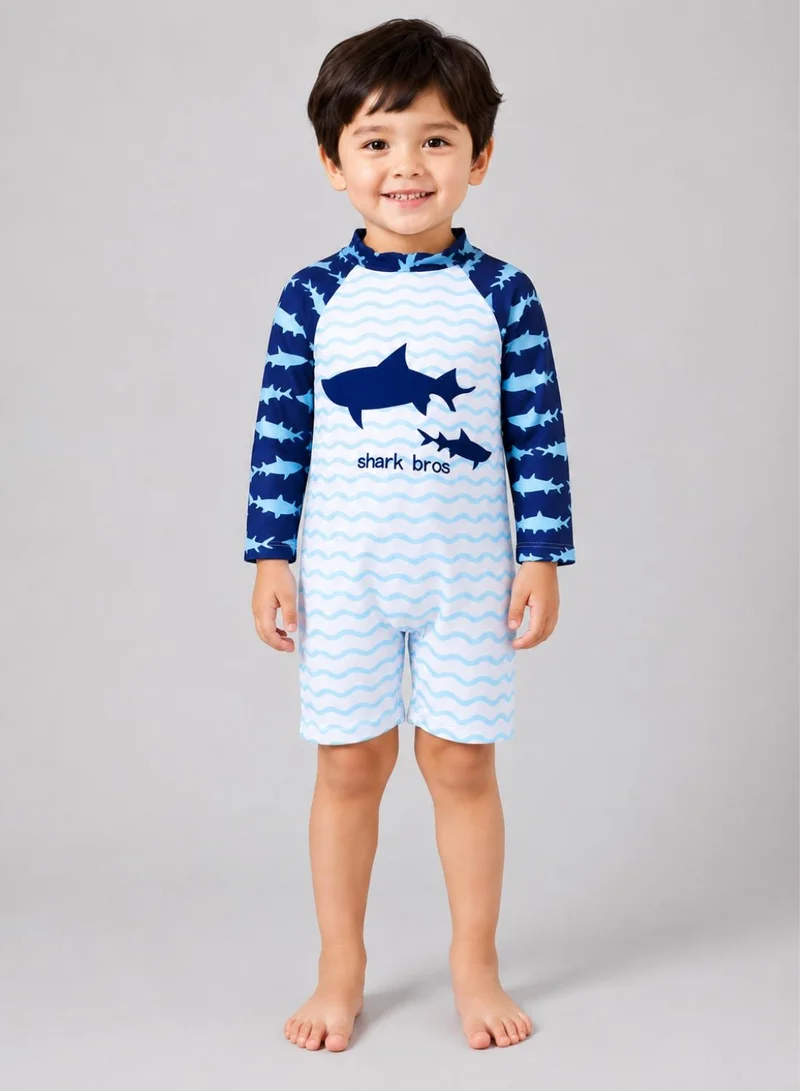 بيبي كلو Boys Shark Print Long Sleeve One Piece Swimsuit