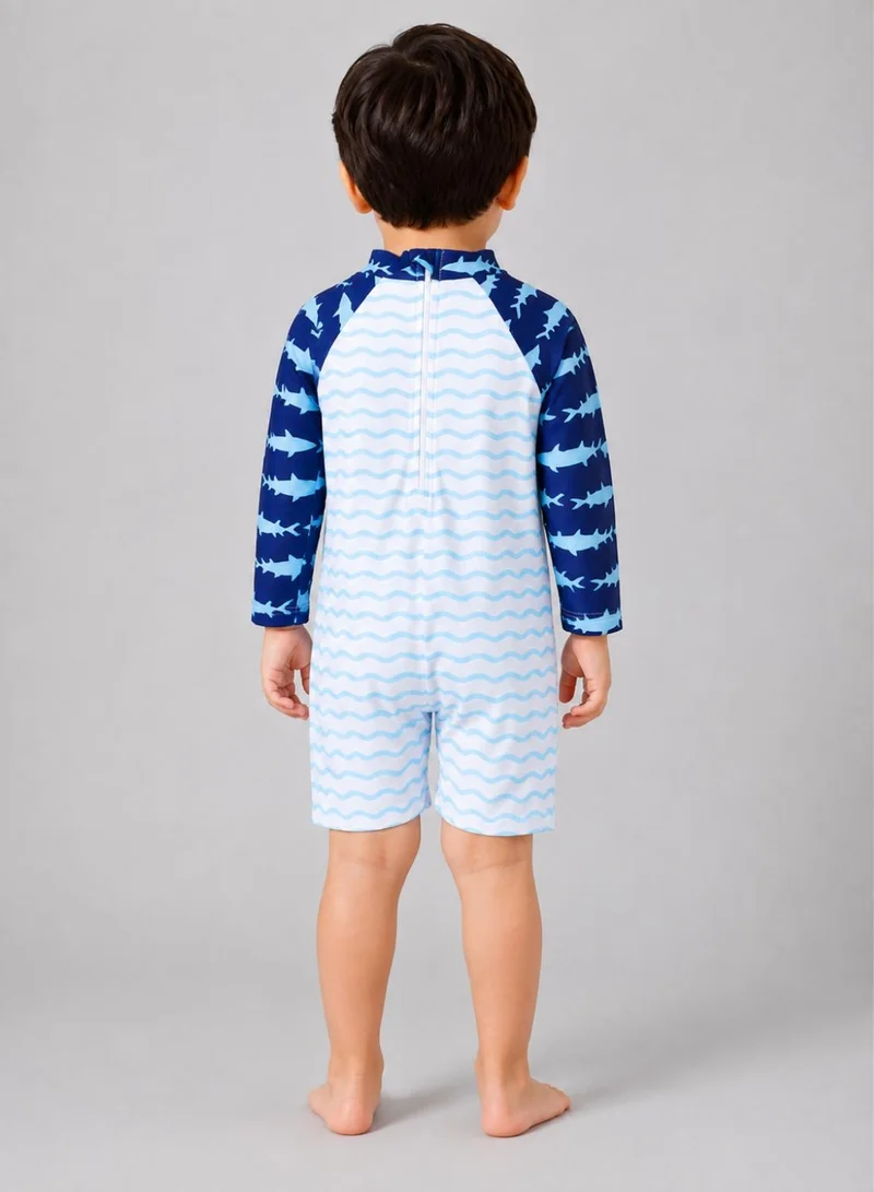 بيبي كلو Boys Shark Print Long Sleeve One Piece Swimsuit