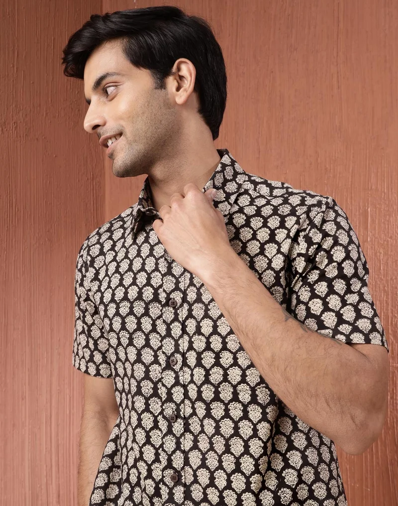 Fabindia Black Cotton Bagru Printed Shirt