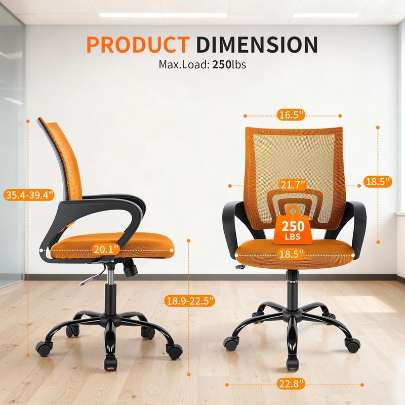 BestOffice Desk Mesh Computer Lumbar Support Modern Executive Adjustable Comfortable Mid Back Task Rolling Swivel Chair for Home Office, Orange - Image 3