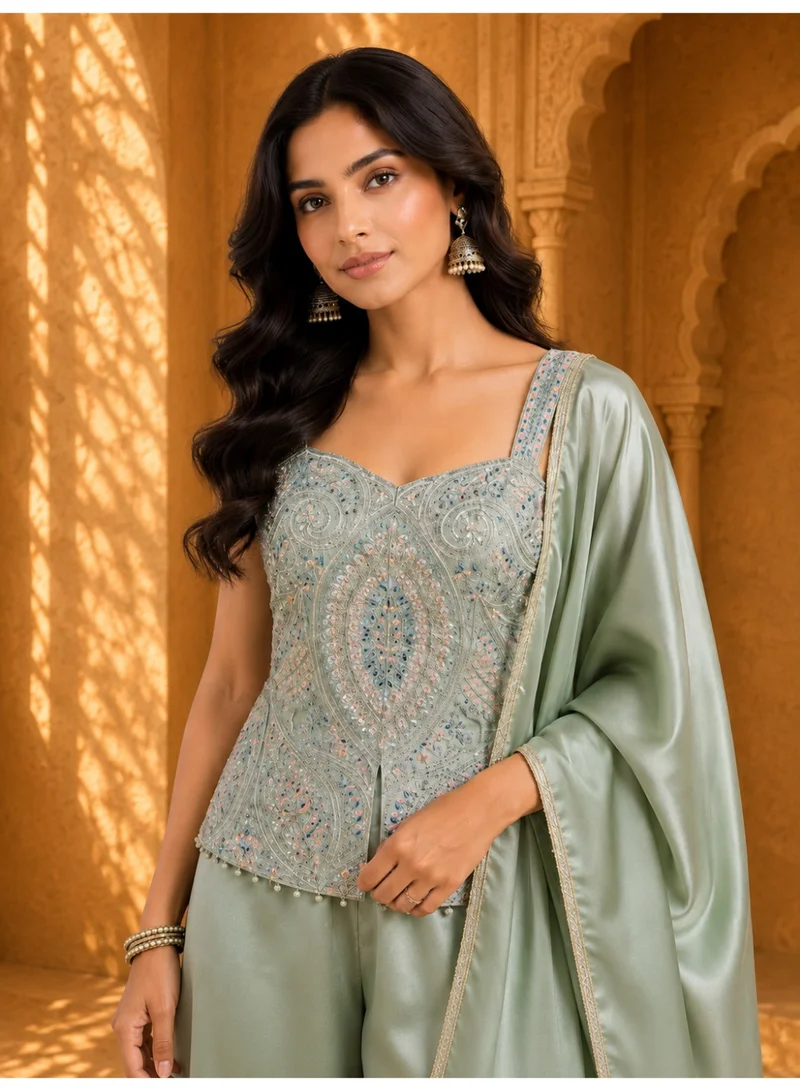 Lehar Women's Pastel Green Embellished Bustier Top with Wide-Leg Palazzo Pants & Dupatta Set