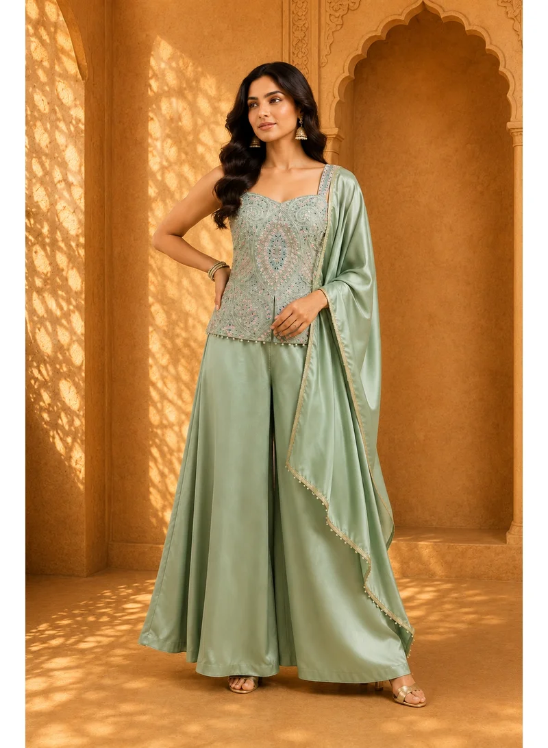 Lehar Women's Pastel Green Embellished Bustier Top with Wide-Leg Palazzo Pants & Dupatta Set