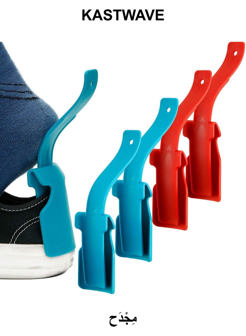 كاست ويف 4 قطع من أدوات مساعدة الأحذية الكسولة، منزلق حذاء جورب محمول بمقبض للسفر، أداة مساعدة لرفع الأحذية وارتدائها، سهلة الارتداء والإزالة، بيس حذاء بلاستيكي، مقاس واحد يناسب معظم الأحذية وجميع الأعمار، أزرق/أحمر - Image 1