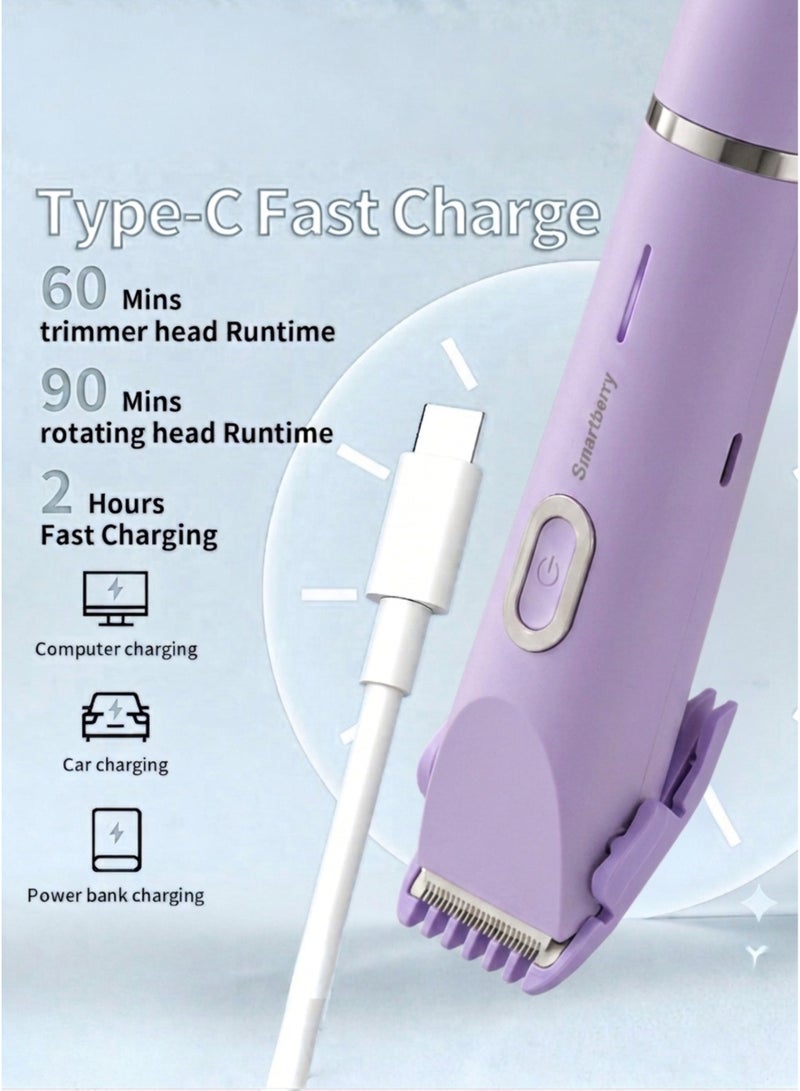 Smartbarry K01 Women's Bikini Trimmer & Electric Shaver – 2-in-1 Dual Head Cordless Hair Remover, IPX7 Waterproof Wet & Dry Shaving, USB Rechargeable Type-C, Painless Lady Shaver for Bikini Line, Legs, Face, Arms & Underarms, Light Purple - Image 4