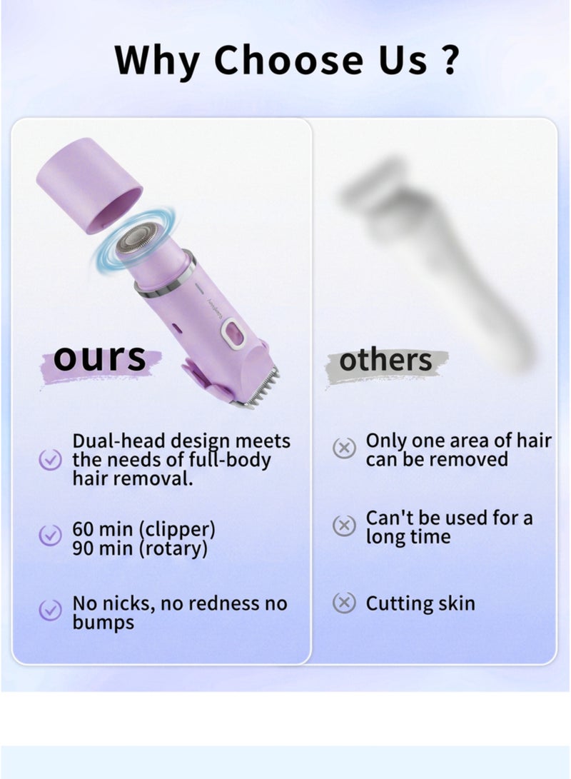 Smartbarry K01 Women's Bikini Trimmer & Electric Shaver – 2-in-1 Dual Head Cordless Hair Remover, IPX7 Waterproof Wet & Dry Shaving, USB Rechargeable Type-C, Painless Lady Shaver for Bikini Line, Legs, Face, Arms & Underarms, Light Purple - Image 5