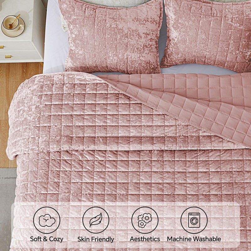 BEDELITE Velvet Quilt Set King Size - Luxury Velvet Comforter Bedding Set 3 Pieces, Soft Cozy Shiny Dusty Pink Oversized Bedspread Coverlet for All Seasons with 2 Pillow Shams - Image 4