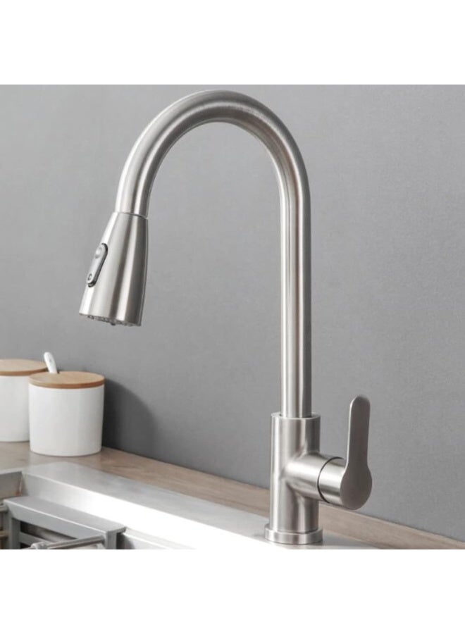 فكسر صنبور مطبخ فاخر من الفولاذ المقاوم للصدأ بلمسة نهائية غير لامعة، مزود ببخاخ قابل للسحب، ومقبض واحد، ومتوافق مع خلاطات الصالونات. - Image 1