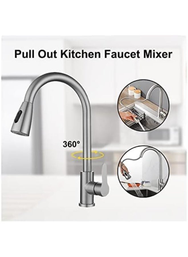 فكسر صنبور مطبخ فاخر من الفولاذ المقاوم للصدأ بلمسة نهائية غير لامعة، مزود ببخاخ قابل للسحب، ومقبض واحد، ومتوافق مع خلاطات الصالونات. - Image 3