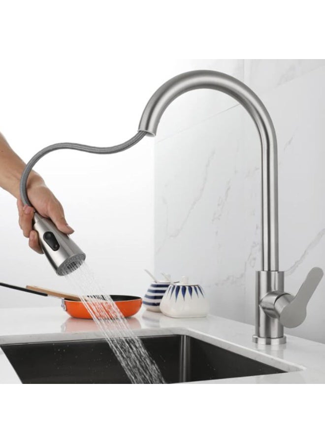 فكسر صنبور مطبخ فاخر من الفولاذ المقاوم للصدأ بلمسة نهائية غير لامعة، مزود ببخاخ قابل للسحب، ومقبض واحد، ومتوافق مع خلاطات الصالونات. - Image 5