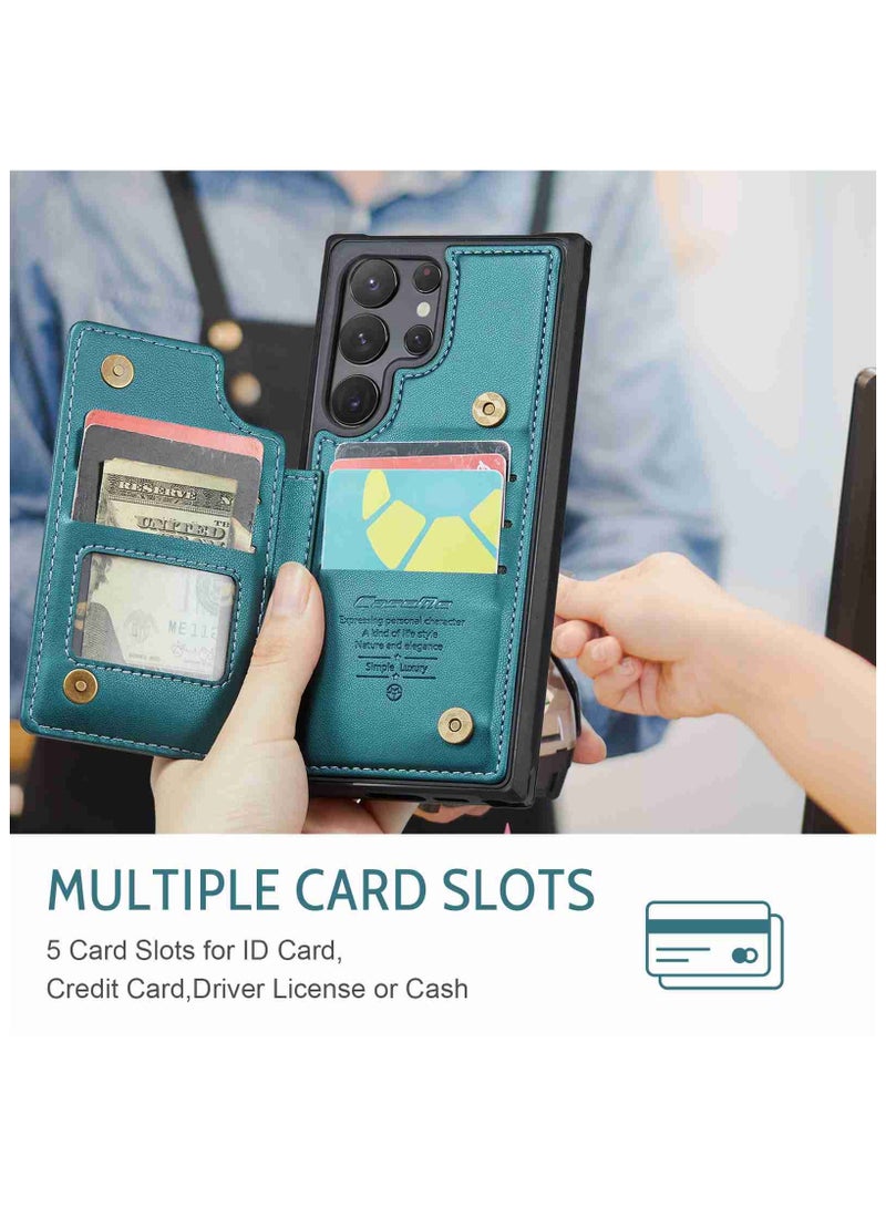 CaseMe Wallet Case for Samsung Galaxy S22 Ultra, Premium Handmade Durable PU Leather Slim Shockproof Case with [Double Magnetic Clasp] [Card Holder] [Kickstand] [RFID Blocking] (Green) - Image 4