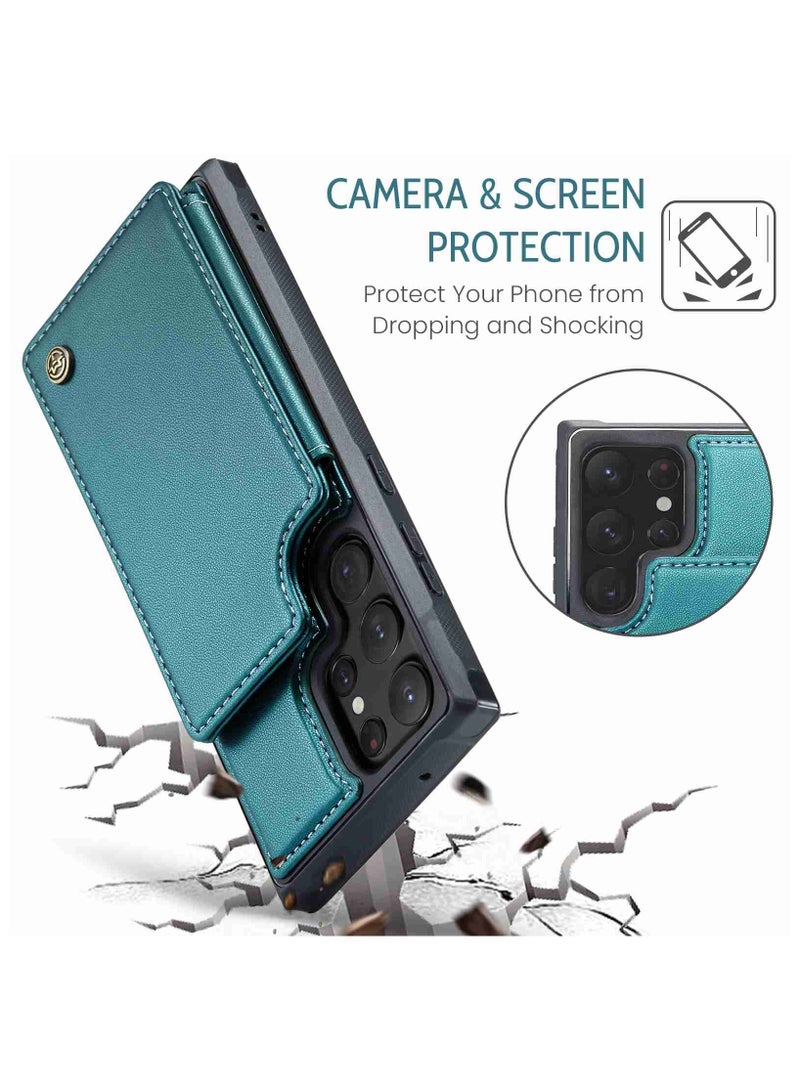 CaseMe Wallet Case for Samsung Galaxy S22 Ultra, Premium Handmade Durable PU Leather Slim Shockproof Case with [Double Magnetic Clasp] [Card Holder] [Kickstand] [RFID Blocking] (Green) - Image 2