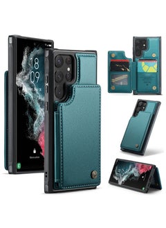 CaseMe Wallet Case for Samsung Galaxy S22 Ultra, Premium Handmade Durable PU Leather Slim Shockproof Case with [Double Magnetic Clasp] [Card Holder] [Kickstand] [RFID Blocking] (Green)  - Image 1
