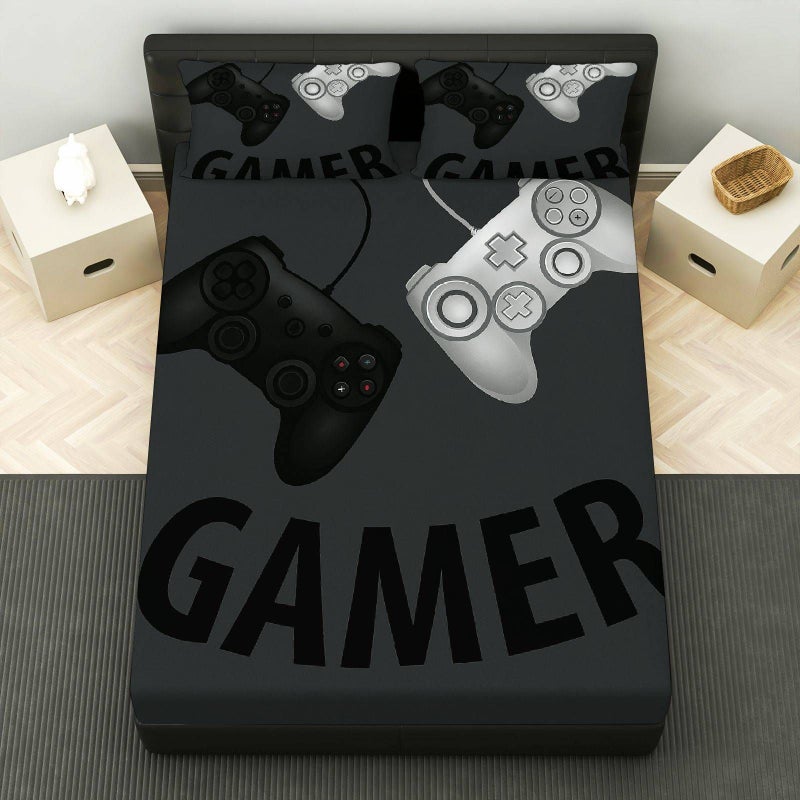 3 Pcs Gamer Controller Themed Fitted Sheet Set Mixed Colors 62.99 Inch by 78.74 Inch Including 1 Fitted Sheet And 2 Pillowcases Gaming Bedroom Decor Soft Breathable Mattress Protector - Image 1