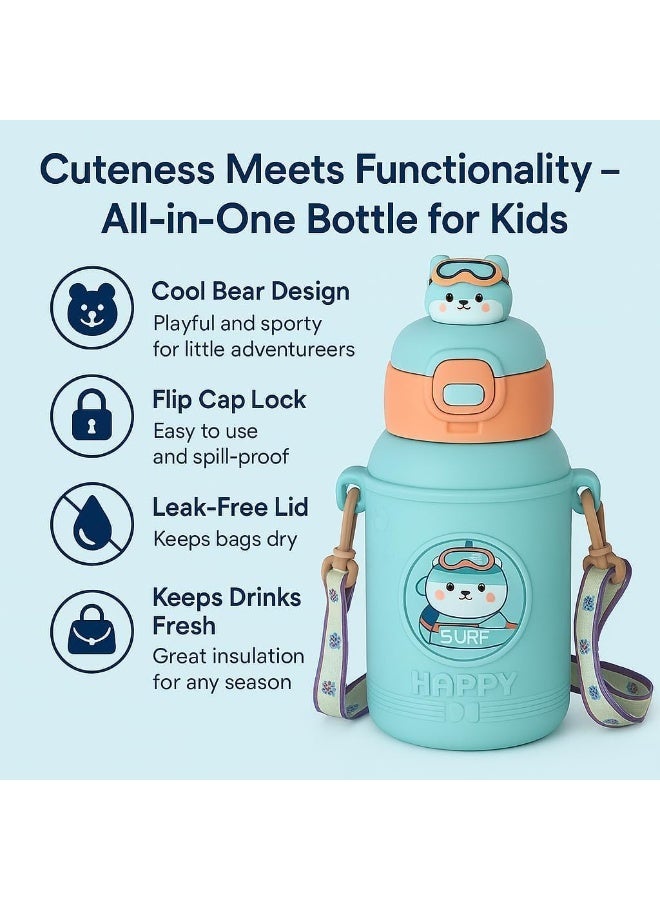 Twisoo Kids Stainless Steel Insulated Water Bottle 500ml – Double Wall Vacuum Flask with Straw, Leak-Proof Flip Cap, Cute & Durable Drink Bottle for School, Travel & Outdoor Use. (Blue) - Image 2