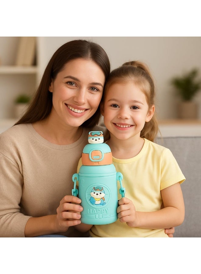 Twisoo Kids Stainless Steel Insulated Water Bottle 500ml – Double Wall Vacuum Flask with Straw, Leak-Proof Flip Cap, Cute & Durable Drink Bottle for School, Travel & Outdoor Use. (Blue) - Image 4