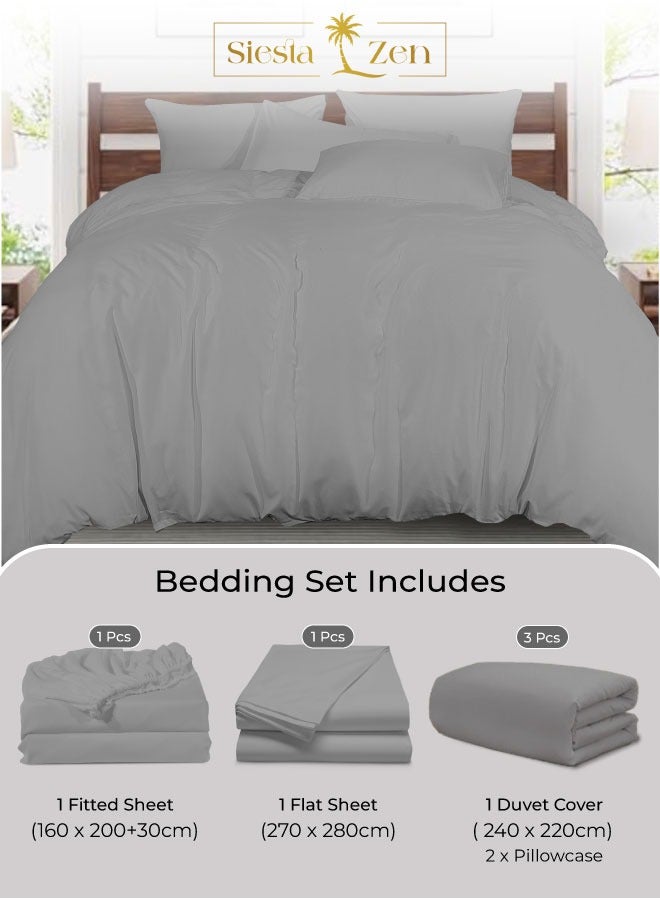 القيلولة زين طقم سرير كوين من سييستا زين – 1 ملاءة مطاطية، 1 ملاءة مسطحة، 1 غطاء لحاف و أغطية وسائد | ناعم للغاية، متين ومريح | لون فضي أنيق | جودة فندقية - Image 1