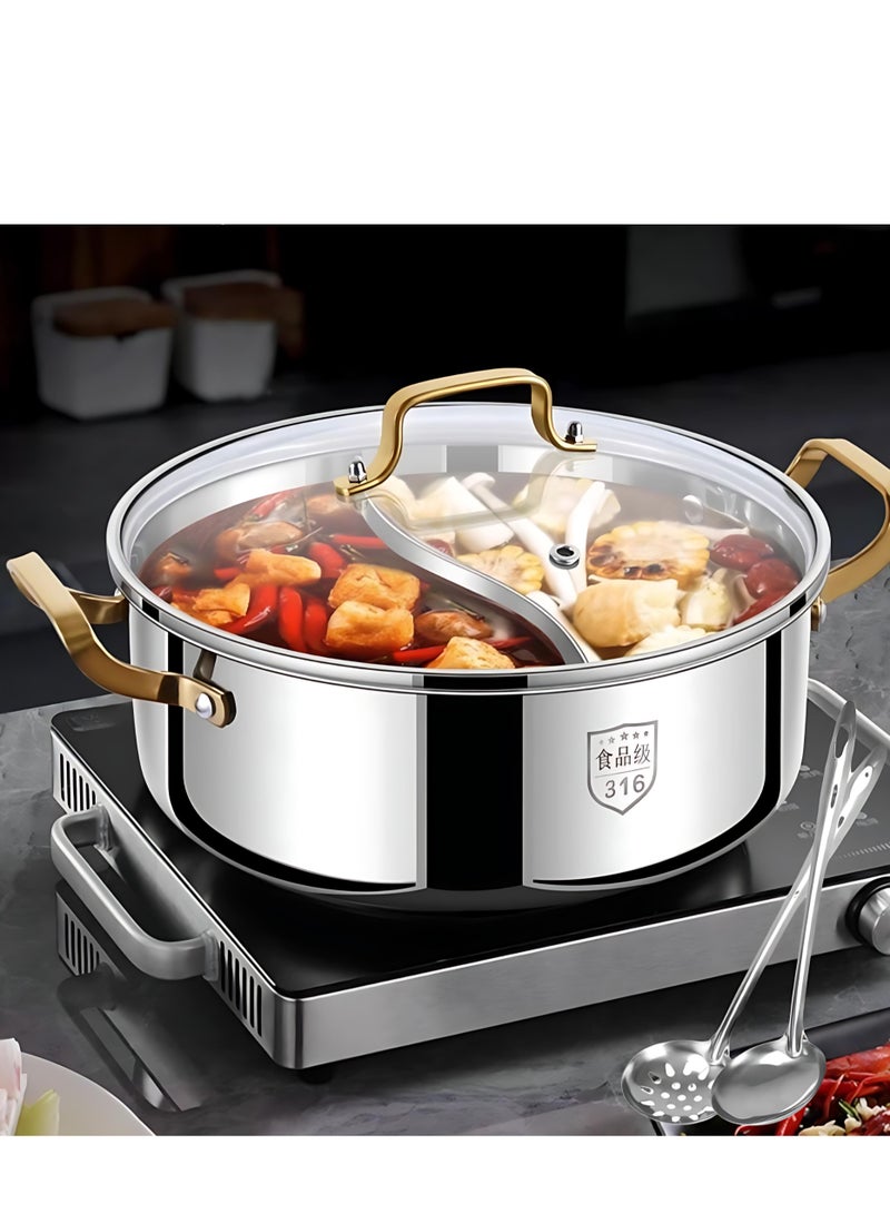 وعاء شابو شابو مزدوج النكهات من الستانلس ستيل السميك 316، تصميم صيني تقليدي، 28 سم، غير لاصق، مع غطاء وملعقتين، مناسب لـ 2 إلى 7 أشخاص، متوافق مع الموقد الحثي والغاز والسيراميك، مثالي للطبخ المنزلي وجمعات العائلة - Image 1